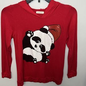 Panda Christmas Long Sleeve Girls Shirt With Hood Red Sz Large Stretchy Occasion